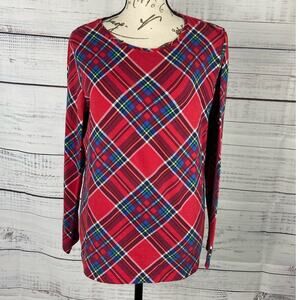Talbots Tee Shirt Womens Lp Bold Plaid Long Slv Crew Neck Versatile Cotton Blend